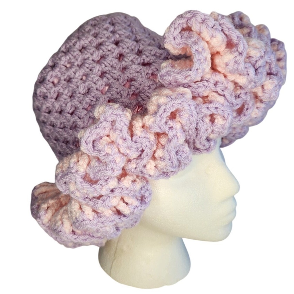 HANDMADE Crochet Ruffle Hat Womens One Size Pink Purple Satin Lined Cap Bonnet